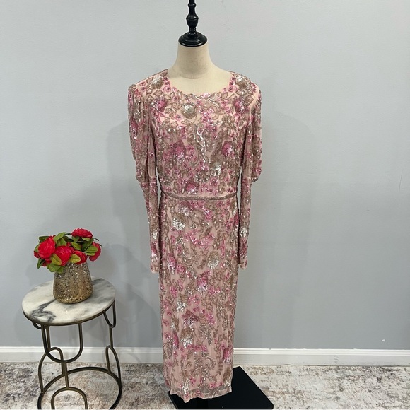 Mac Duggal Pink Multi Sequins & Beads Embellished Puffed Long Sleeves Midi Gown - Picture 1 of 16